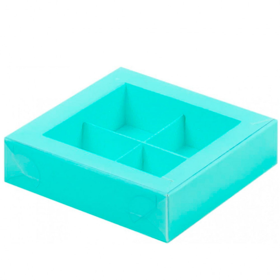 Коробка для 4 конфет с прозрачной крышкой, тиффани