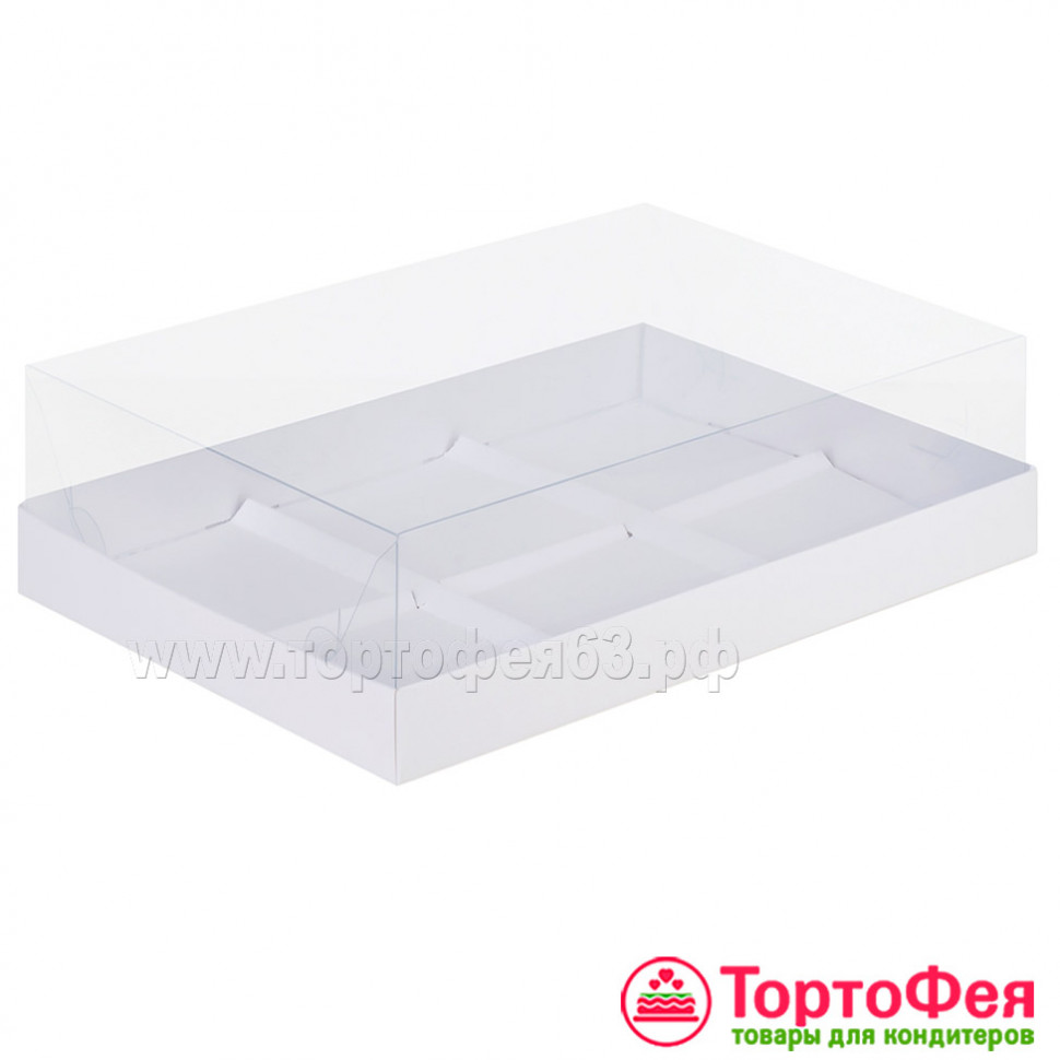 Коробка для 6 муссовых пирожных 23х18х6,5 см с прозрачной крышкой, белая  (на 6 шт) 