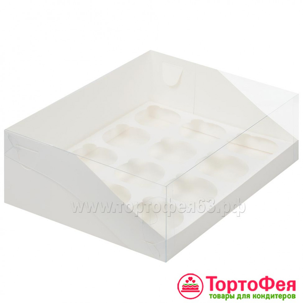 Коробка для 12 капкейков с прозрачной крышкой, белая