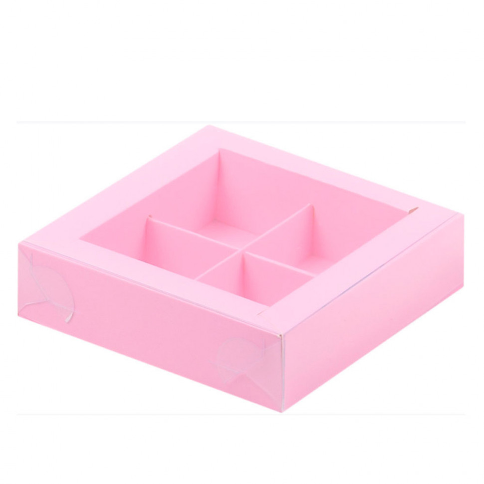 Коробка для 4 конфет с прозрачной крышкой, розовая
