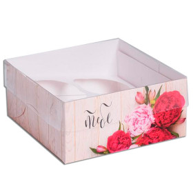Коробка для 4 капкейков с прозрачной крышкой &quot;Яркие пионы&quot; (высота 7,5 см)