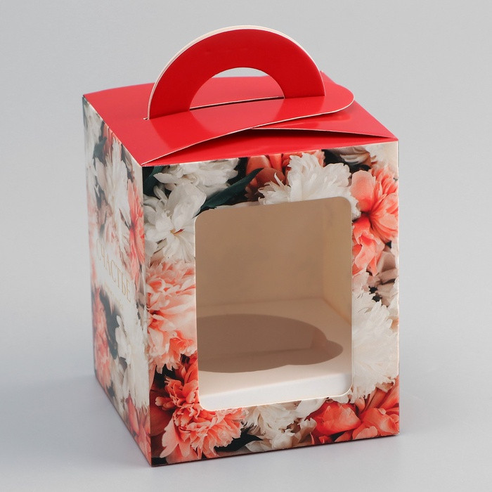 Коробка для 1 капкейка с ручкой "Пышные пионы"