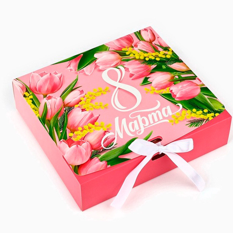 Коробка 20х18х5 см "8 Марта" Тюльпаны и мимоза