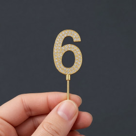Топпер для бенто-торта Цифра "6" золото со стразами/ 4 см