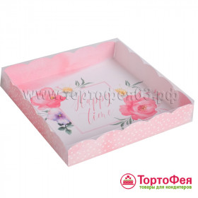 Коробка для пряников 15х15х3 см с прозрачной крышкой, розовая с цветами