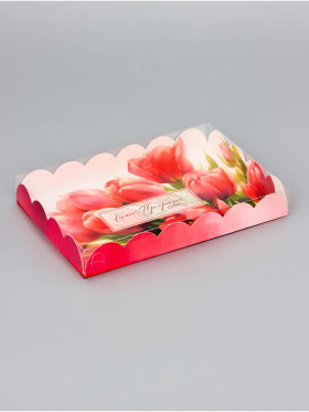 Коробка 22х15х3 см с прозрачной крышкой "Тюльпаны"