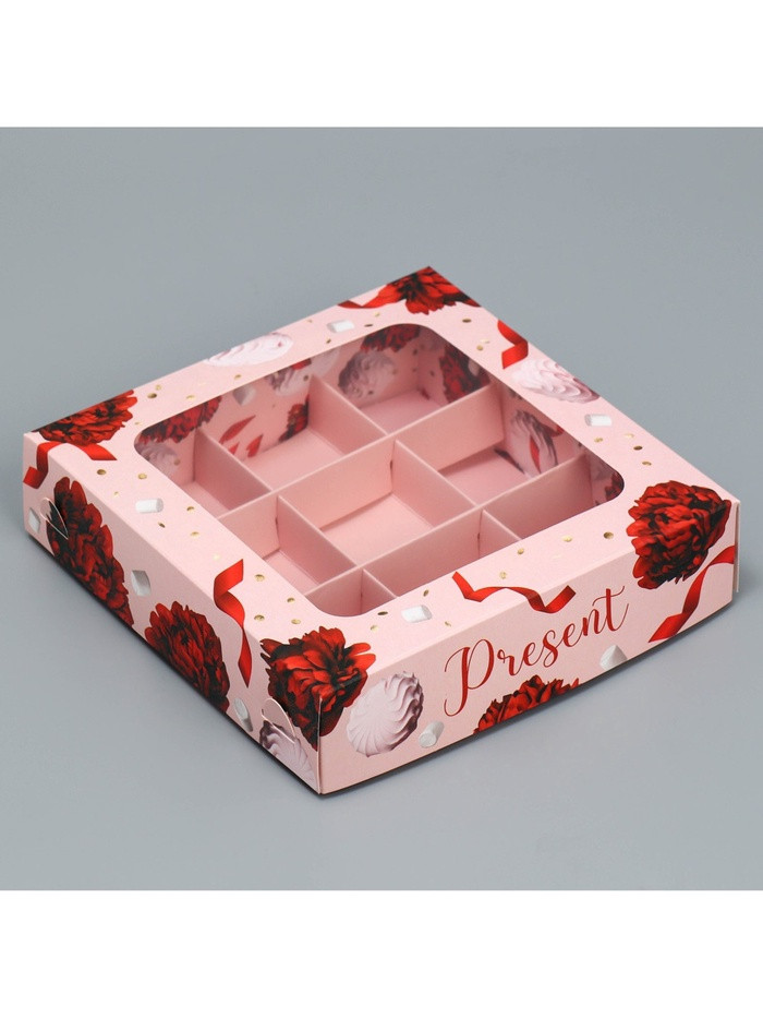 Коробка для 9 конфет с окном "Красные цветы"