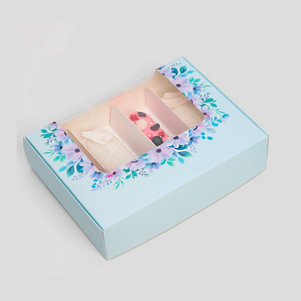 Коробка для 4 эклеров 20х15х5 см "Голубая/цветы"