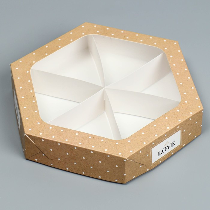 Коробка для ассорти сладостей 23х23х4 см "Крафт, белый горошек"  