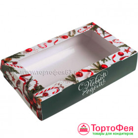 Коробка 20х12х4 см с окном &quot;С Новым годом&quot; 