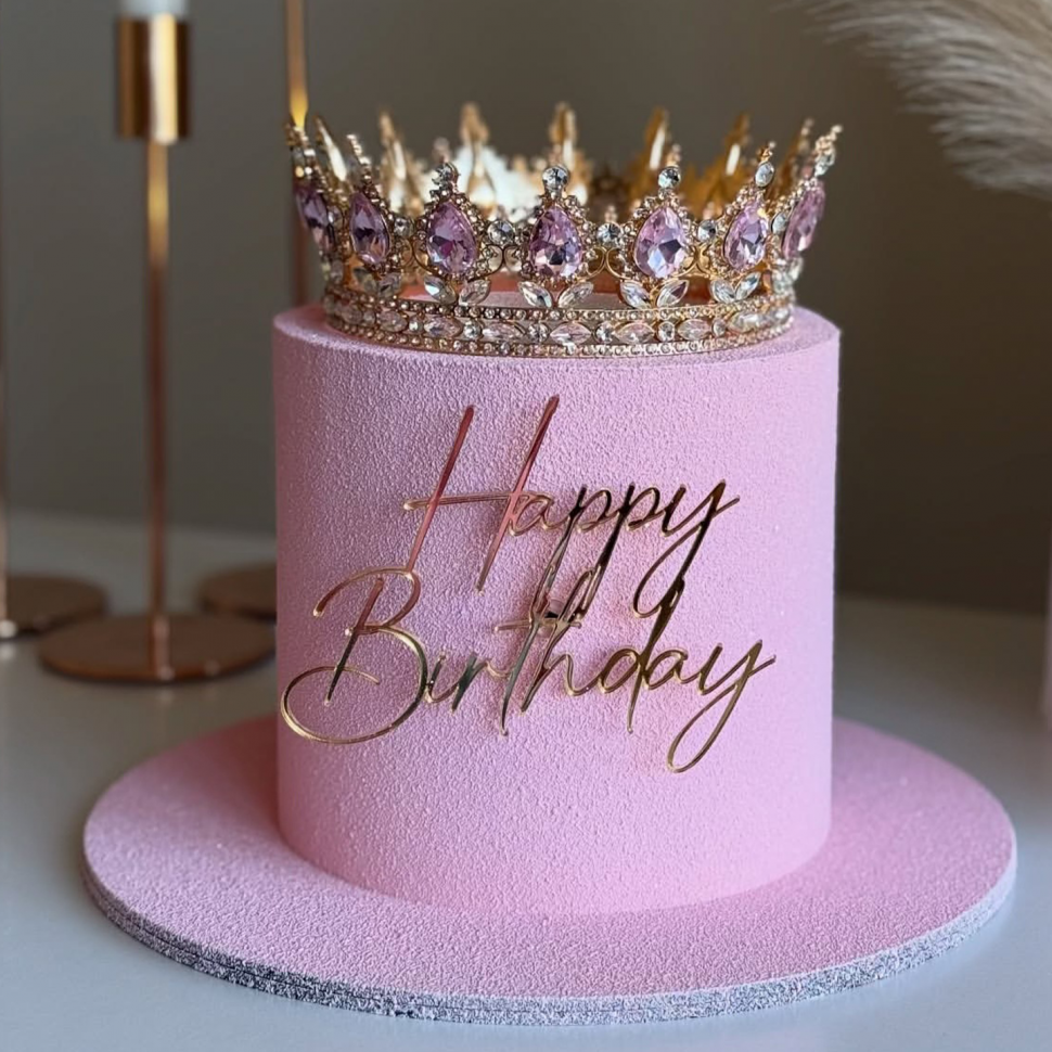 Украшение для торта "Корона золотая с розовыми камнями"