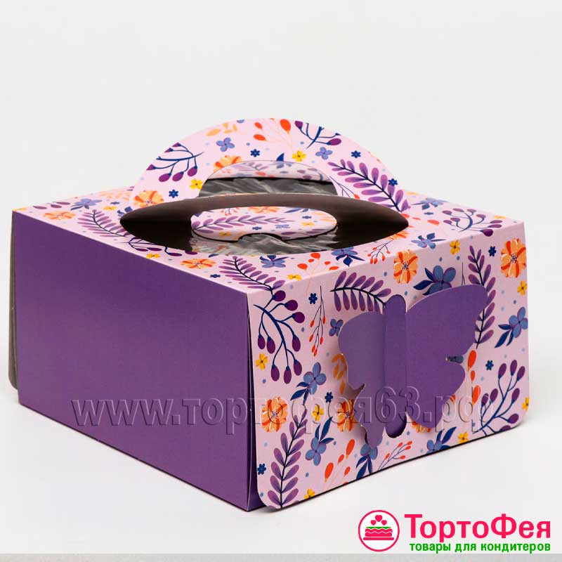 Коробка для торта 21х21х12 см "Бабочка" с цветами