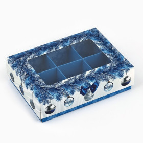 Коробка для 6 конфет, с прозрачной крышкой &quot;Елочные шары&quot;