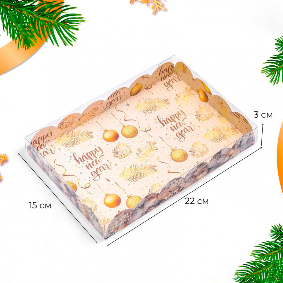 Коробка для пряников 22х15х3 см с прозрачной крышкой "С Новым годом"