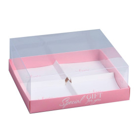 Коробка для 4х муссовых пирожных 17,8х17,8х6,5 см с прозрачной крышкой , Розовая (на 4 шт)   