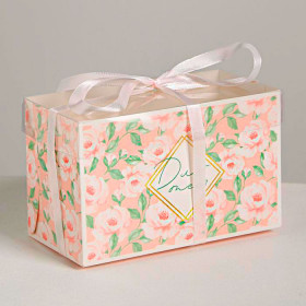 Коробка для 2 капкейков с прозрачной крышкой &quot;Розочки&quot; 