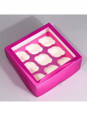Коробка для 9 капкейков с окном, Фуксия металлик