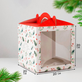 Коробка для торта 20х20х20 см с ручкой &quot;Новогодняя&quot;