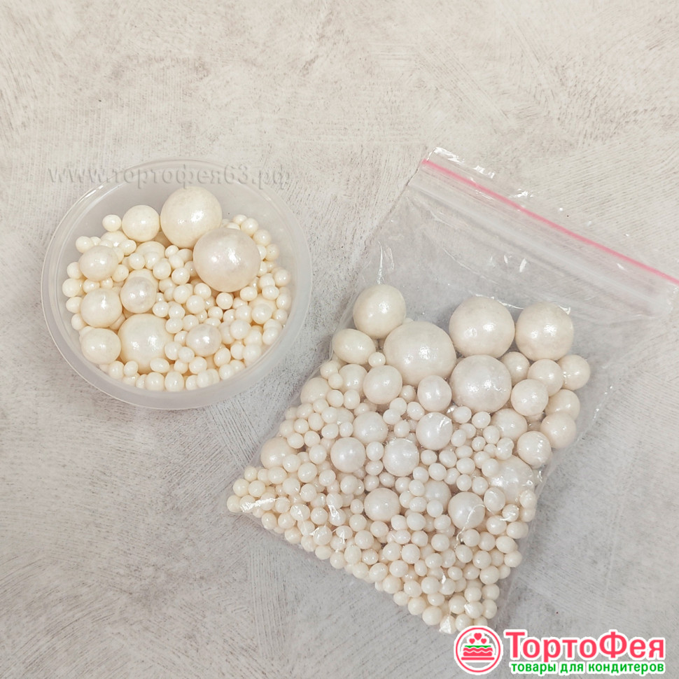 Шарики рисовые в глазури. Жемчужно-кремовый 2-13 мм, 25 гр