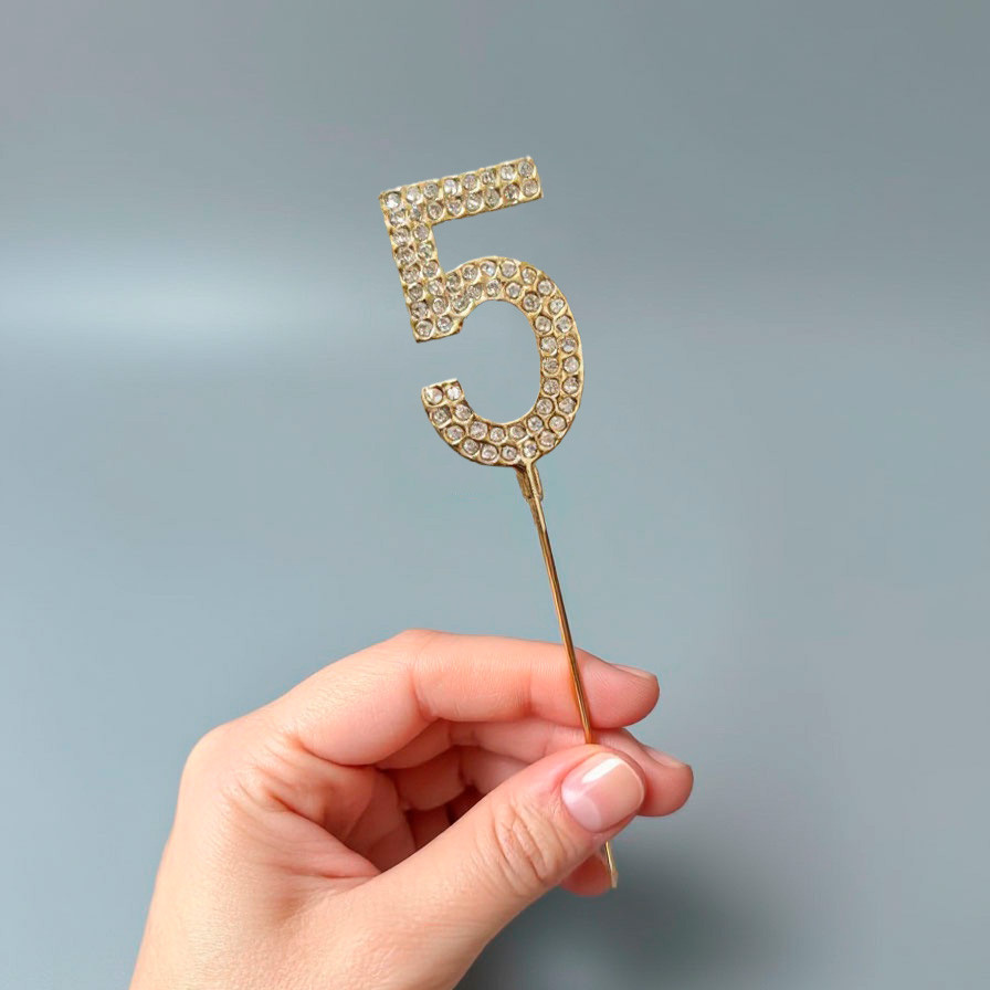Топпер для бенто-торта Цифра "5" золото со стразами/ 4 см