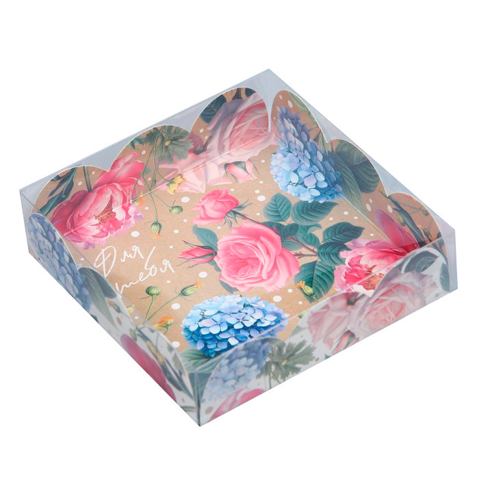 Коробка для прян. 10,5х10,5х3 см с прозрачной крышкой "Цветы/крафт"