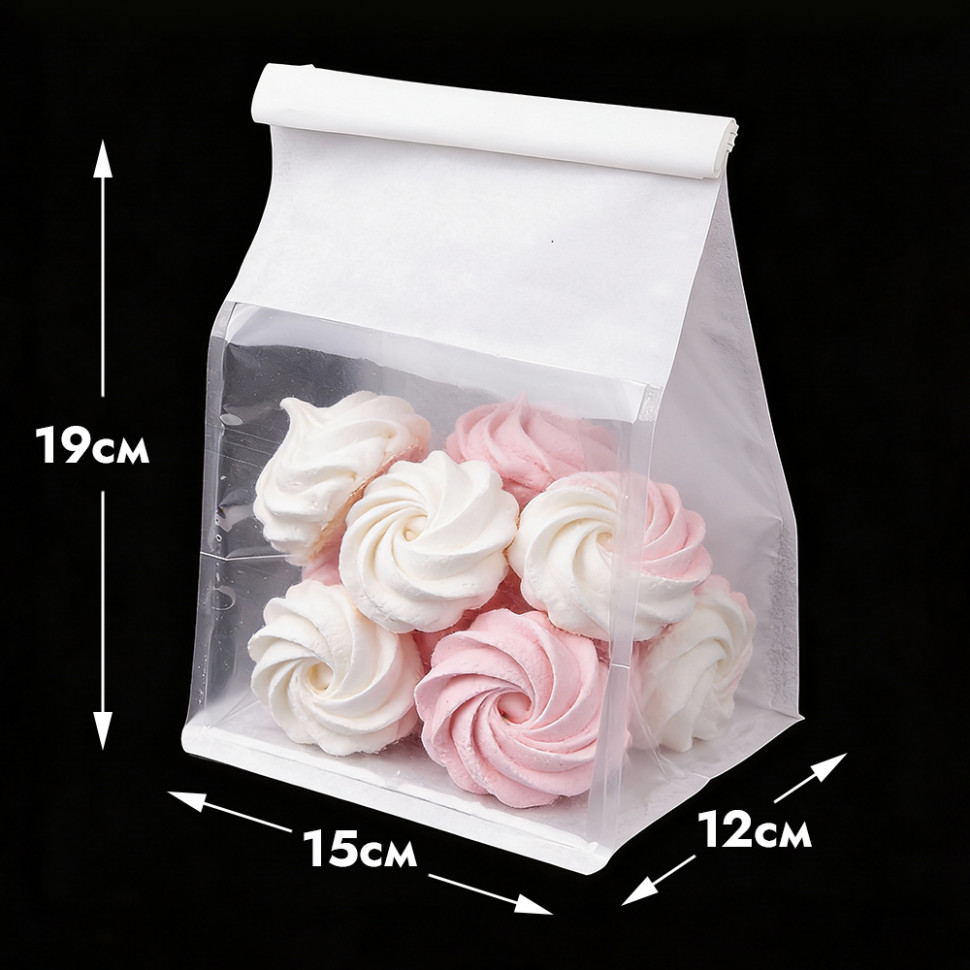 Пакет с прямоугольным дном 15*19*12 см с окном и зажимом, белый / 1 шт