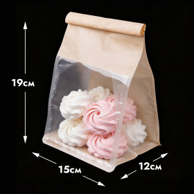 Пакет с прямоугольным дном 15*19*12 см с окном и зажимом, крафт / 1 шт