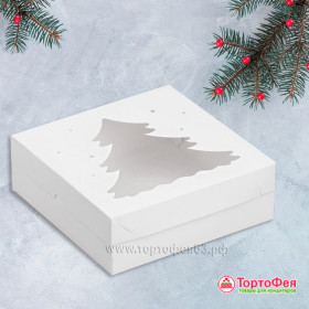 Коробка 20х20х7 см с окном &quot;Елка&quot;, белая