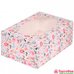 Коробка для 6 капкейков с окном &quot;Розочки&quot;