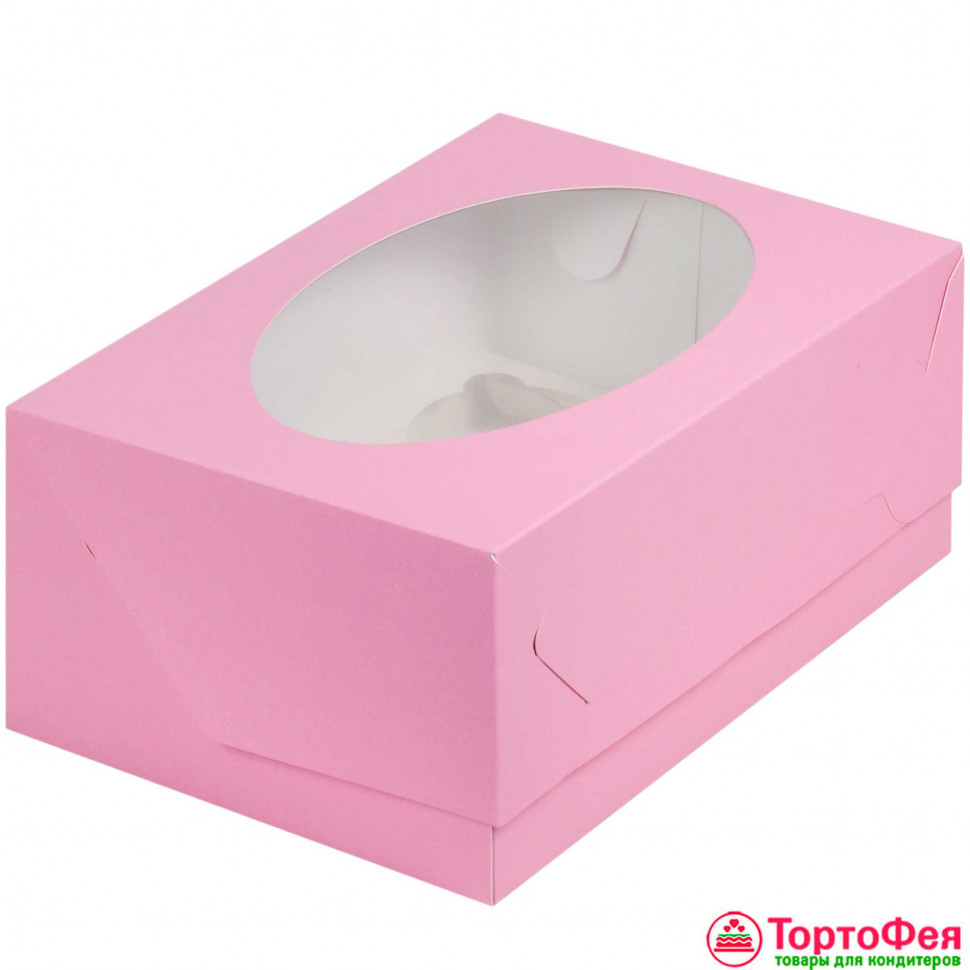 Коробка для 6 капкейков с окном, розовая