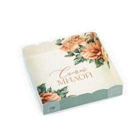 Коробка для пряников 15х15х3 см с прозрачной крышкой "Цветы / мятная"  