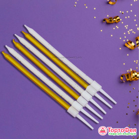 Набор свечей для торта Золотые/Белые с блестками, 10 см / 6 шт   