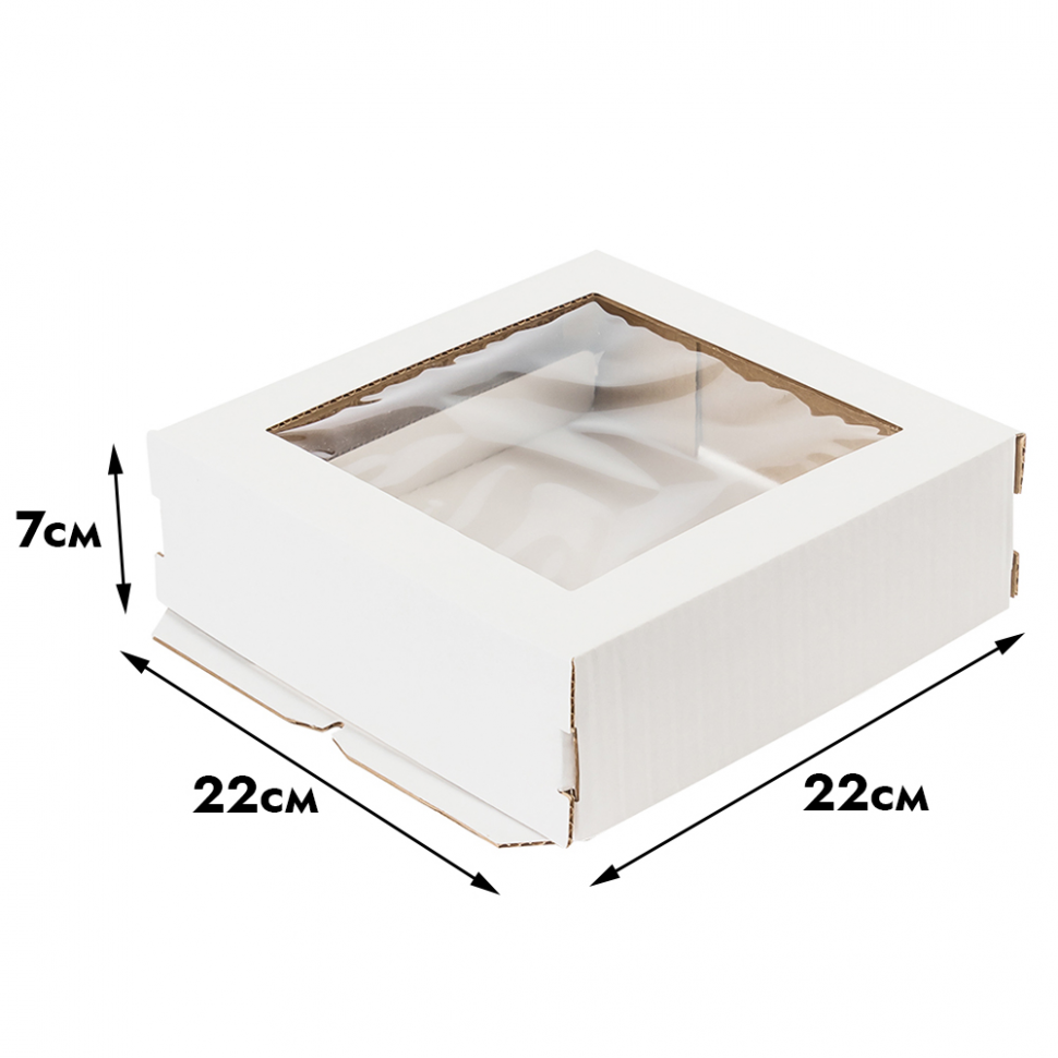Коробка для торта 22х22х7 см с окном, гофрокартон