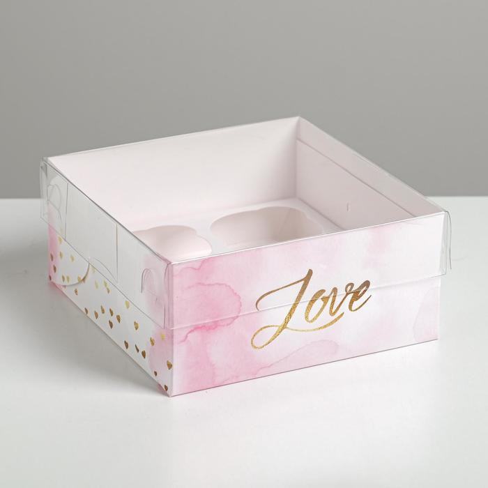 Коробка для 4 капкейков с прозрачной крышкой "Love"