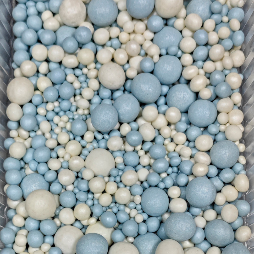 Шарики рисовые в глазури. Белые/голубые 2-13 мм, 25 гр      