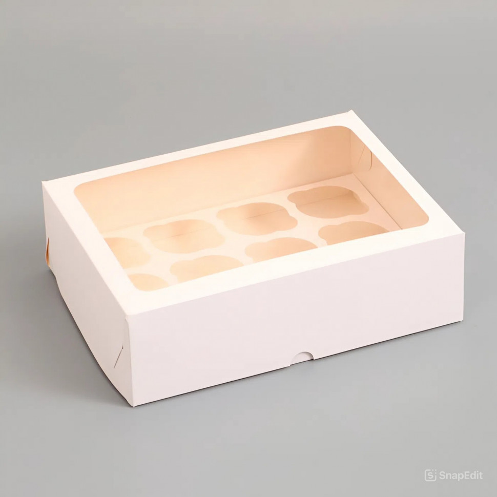 Коробка для 12 капкейков с окном, белая 