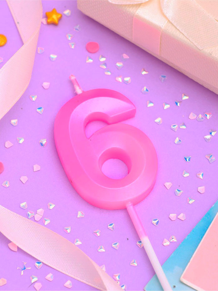 Свеча Цифра "6" с гранями, роовая / 5 см 