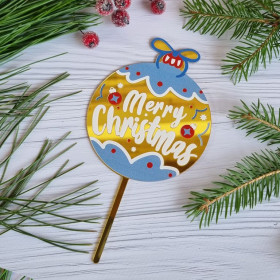 Топпер «Merry Christmas» новогодний шарик (золотой с белой надписью)