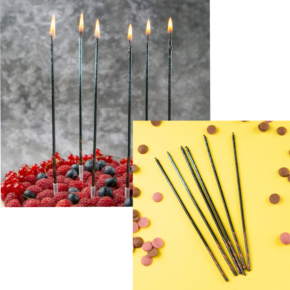  Набор свечей для торта Черные с блестками, 17 см / 6 шт  