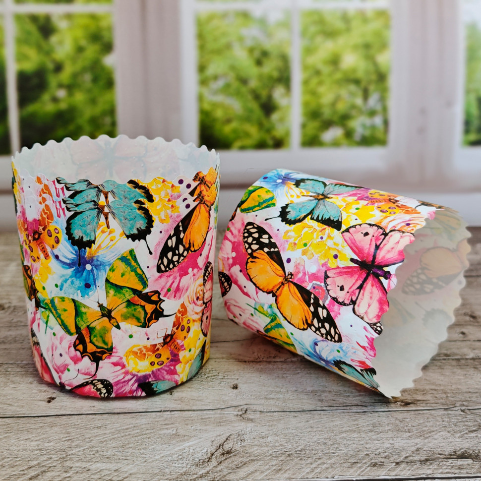 Форма бумажная Кулич "Бабочки разноцветные" 200-250 гр (9*9 см) / 5 шт  