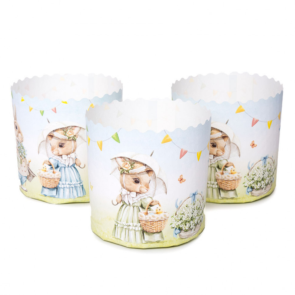 Форма бумажная Кулич "Зайцы ретро" 200-250 гр (9*9 см) / 5 шт