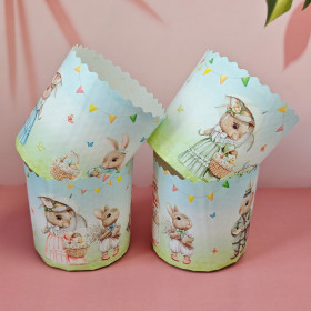 Форма бумажная Кулич "Зайцы ретро" 200-250 гр (9*9 см) / 10 шт