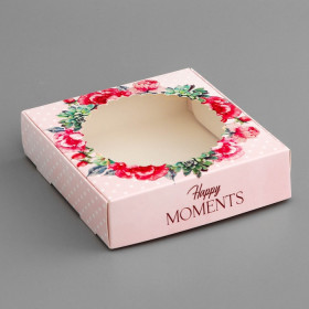 Коробка с откидной крышкой 11,5х11,5х3 см, Розовая в горошек / Цветы