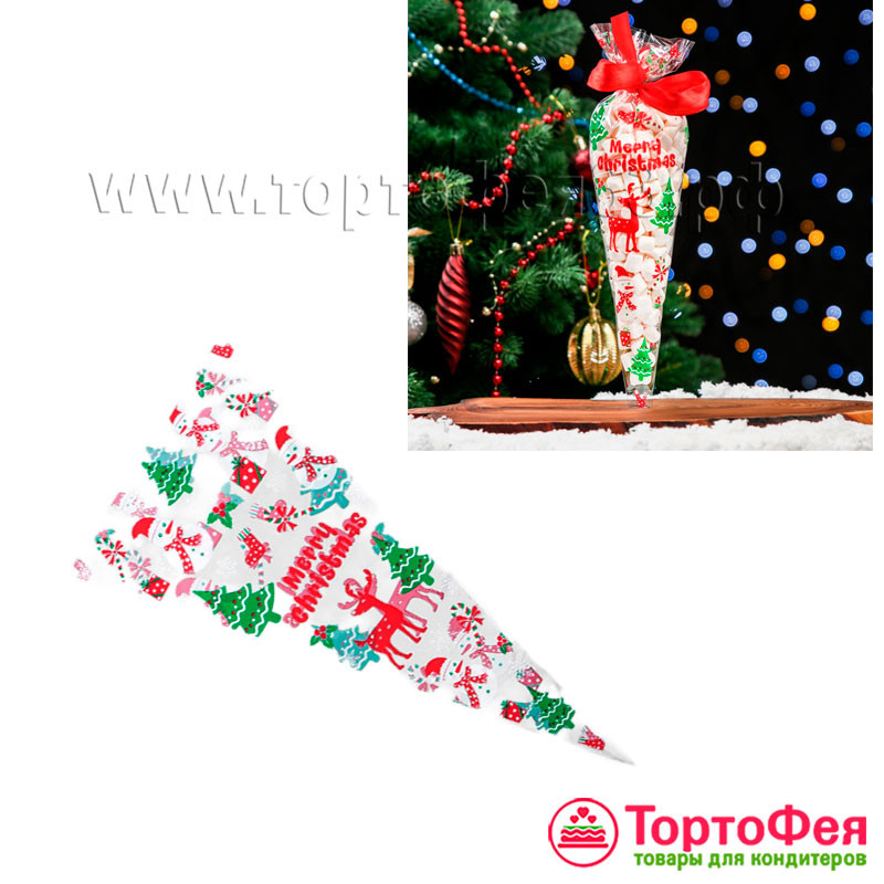 Пакет конус прозрачный 15*30 "Merry Christmas" см / 10 шт   