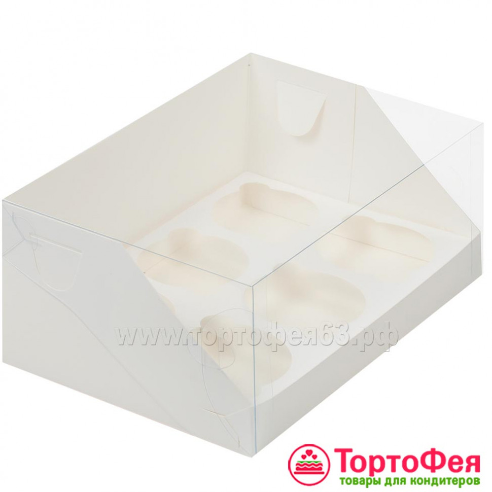 Коробка для 6 капкейков с прозрачной крышкой, белая