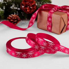 Лента атласная Вишневая &quot;Снежинки&quot; 1,5 см / 3 м 