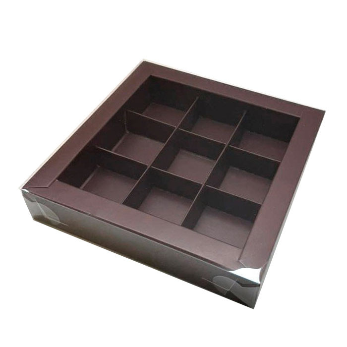 Коробка для 9 конфет с прозрачной крышкой, темный шоколад