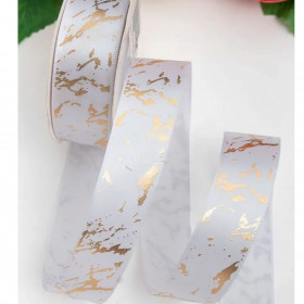Лента атласная Белая / золотой мрамор 2,5 см / 3 м