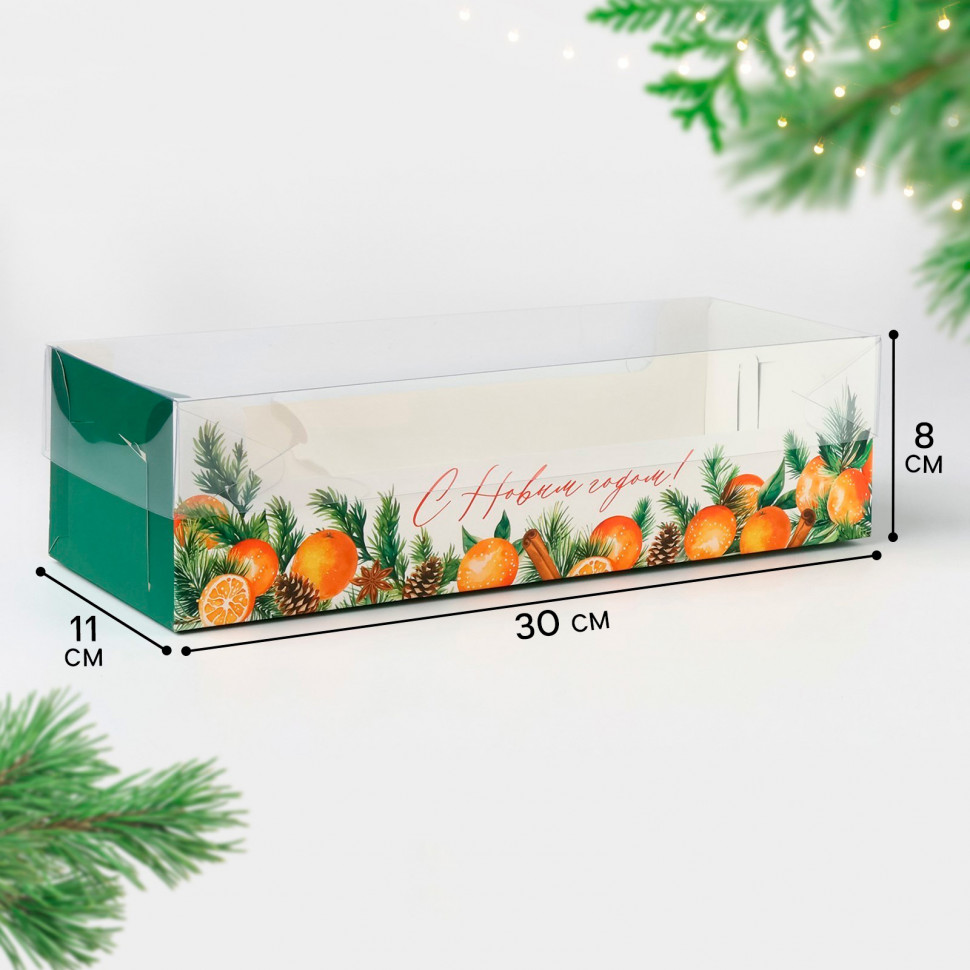 Коробка для рулета 30х11х8 см с прозрачной крышкой "С Новым годом"