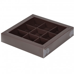 Коробка для 9 конфет с прозрачной крышкой, темный шоколад
